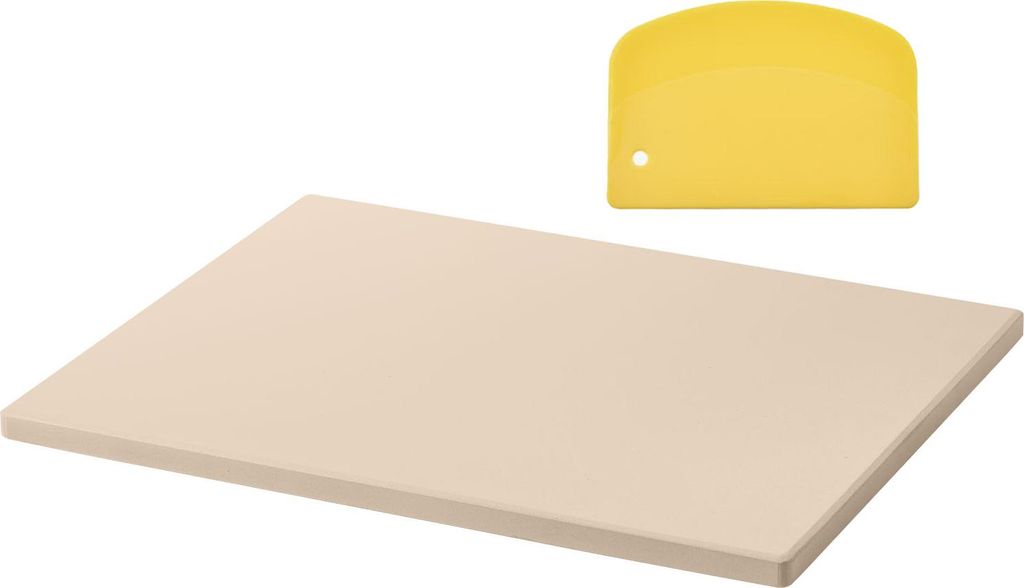 A pizza stone and a yellow dough scraper are shown on a white background.