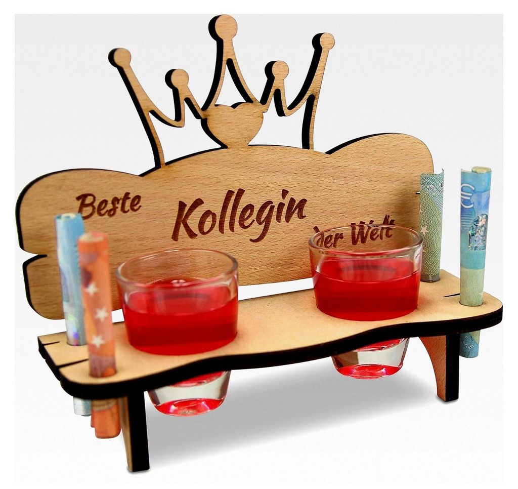Schnapsbank mit Herz und Krone sowie 2 Schnapsgläser - Geschenk für die beste Kollegin aus Holz - Gravur für Geburtstag, Jubiläum, Jahrestag