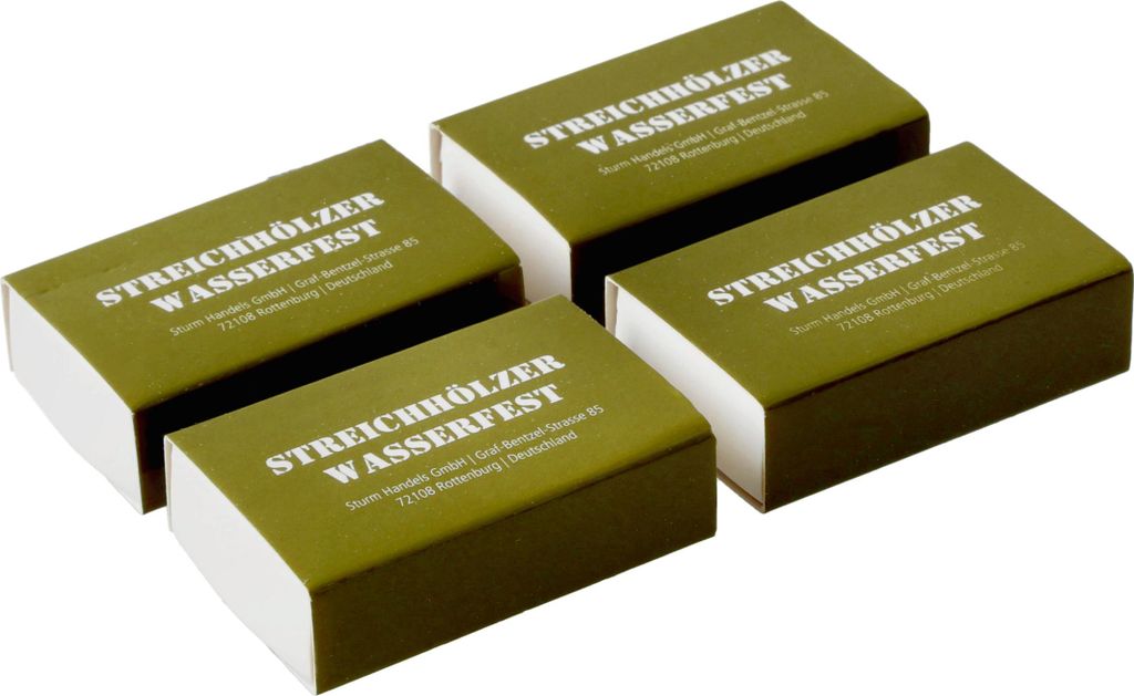 Four packages of waterproof matches are arranged diagonally on a white background.