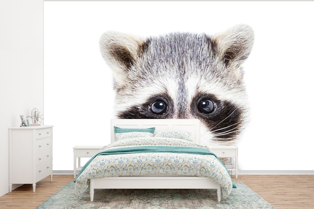 MuchoWow Fototapete für Wohnzimmer oder Schlafzimmer Wandtapete Vinyl Motivtapete Waschbär - Tiere - Natur - Weiß - 320x240 cm - Tapeten