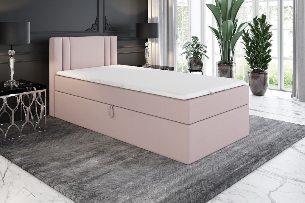Boxspringbett, Jugendbett GAMAL 80x200 (Rechts) mit Bettkästen, Bonell-Matratze und Topper. Farbe: Rosa