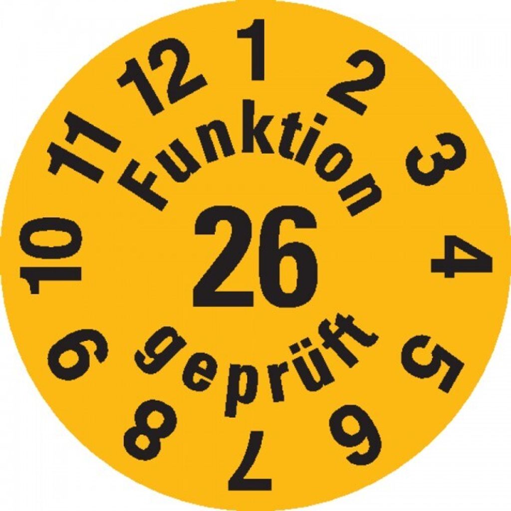 Dreifke Prüfplakette Funktion gepr.26, gelb, Dokumentenfolie, selbstkl., Ø 1...