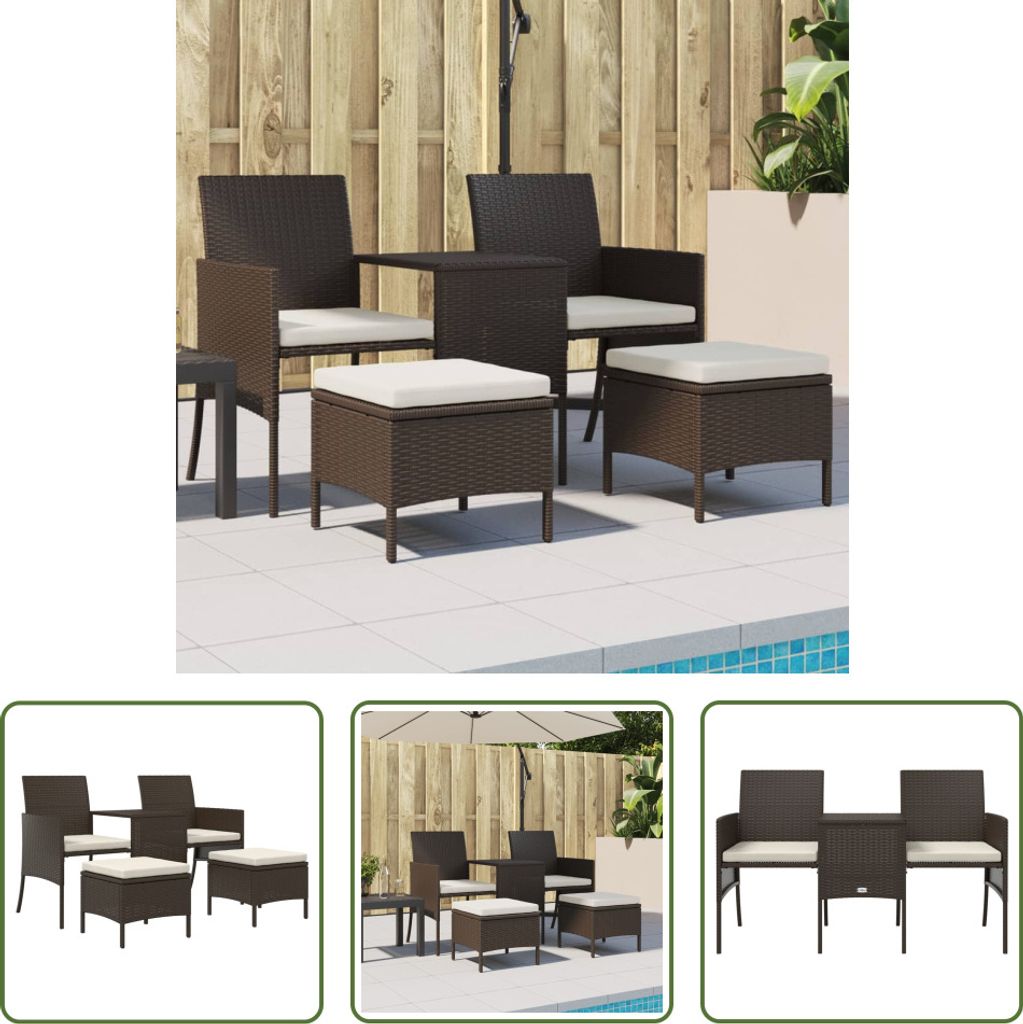The Living Store Gartensofa 2-Sitzer mit Tisch und Hockern Braun Poly Rattan