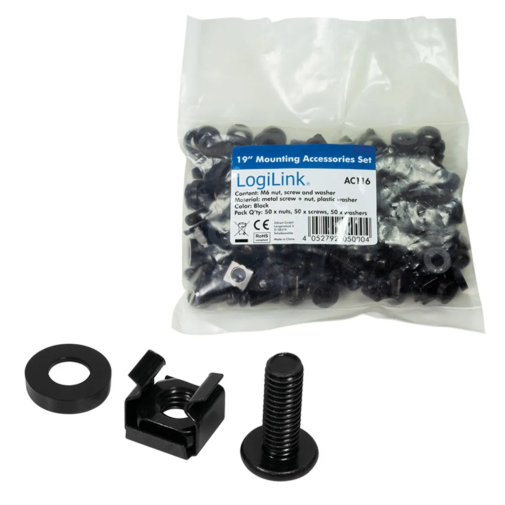 LogiLink AC116 Kit Montaggio M6 50 Pezzi per Rack 19" - Viti e Dadi Neri - 3