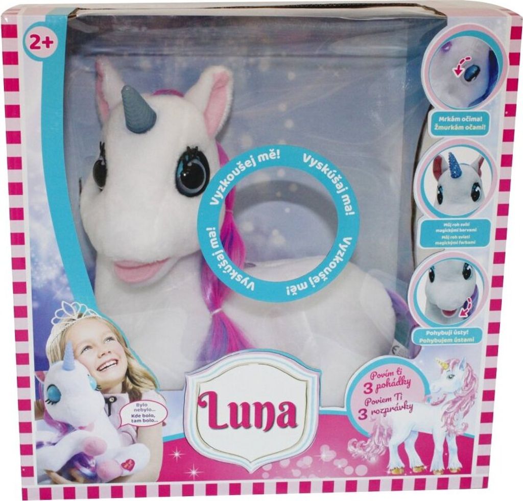 The image shows the packaging of a plush unicorn toy named Luna. The packaging features a clear window displaying the toy, along with promotional text and images of the toy's features.