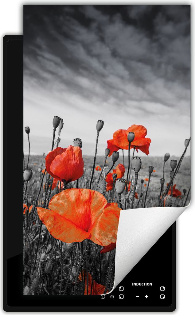 DarHaus Herdabdeckplatte 1 teilig 30x52 cm Anti Rutsch Matte Aufrollbar, grau - rot - Mohnblumen