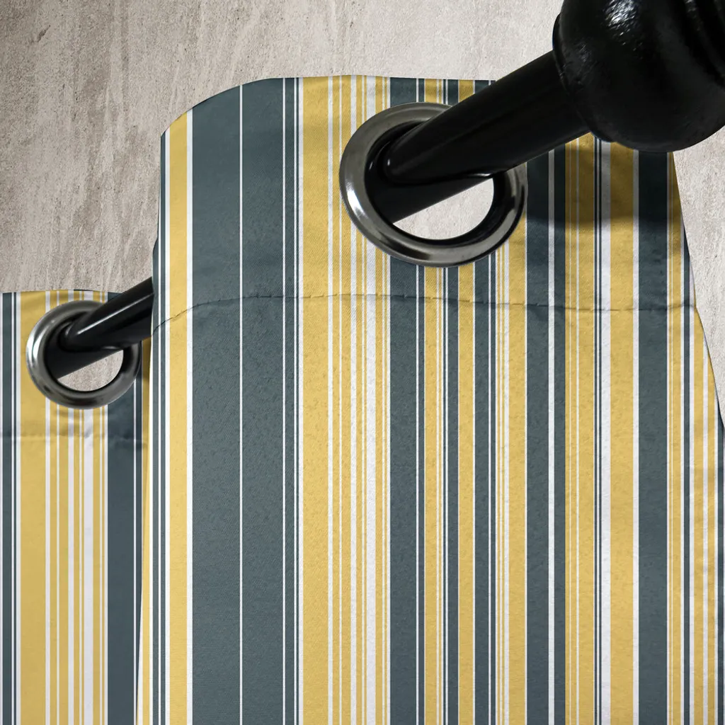 Rideau géométrique lignes verticales bleu et gris à œillets inox