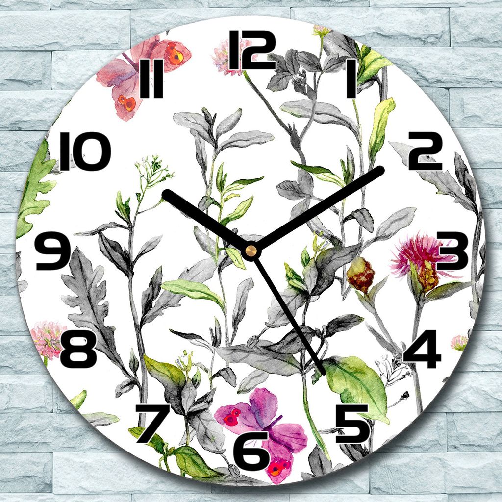 Wanduhr aus Glas Rund fi 30 Wiesenblumen Floral Quarz Deko Schlafzimmer Büro
