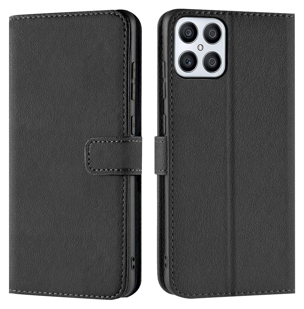 A black book-style phone case for a Honor X8 is shown from the front and back.