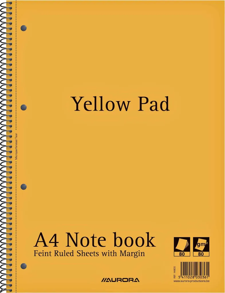 Aurora Bloc-notes A4 jaune ligné 4 trous 160 pages 80g - Lot de 5 blocs