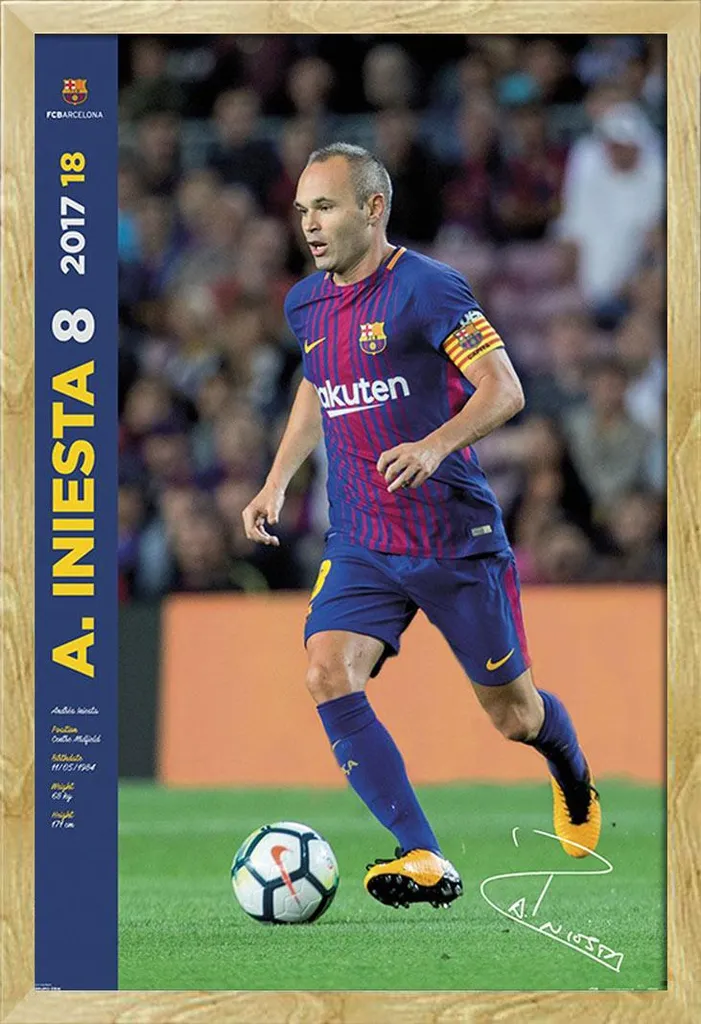 Poster FC Barcelone Iniesta 17/18 avec Cadre Shinsuke Maxi MDF Hêtre