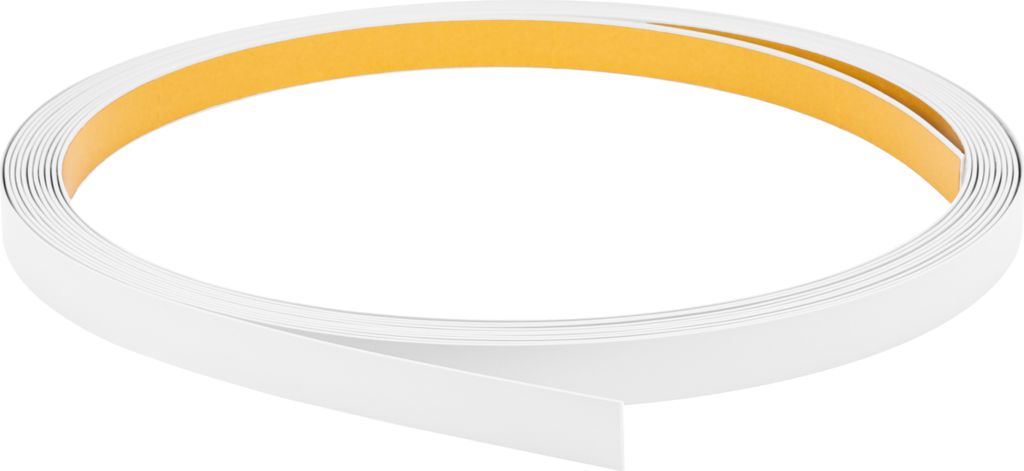 A roll of white trim with a yellow adhesive backing is shown against a white background.