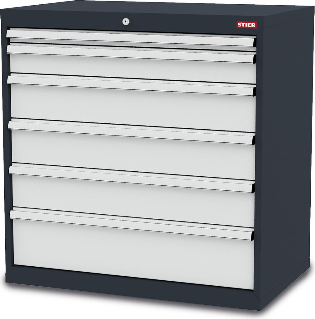 STIER Schubladenschrank mit 6 Schubladen, BxTxH 900x575x920 mm, Gesamttragkraft 1000kg, Blendenhöhen 50 bis 200 mm