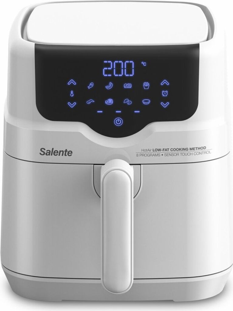 A white Salente HotAir air fryer is shown from the front, with its digital display illuminated.