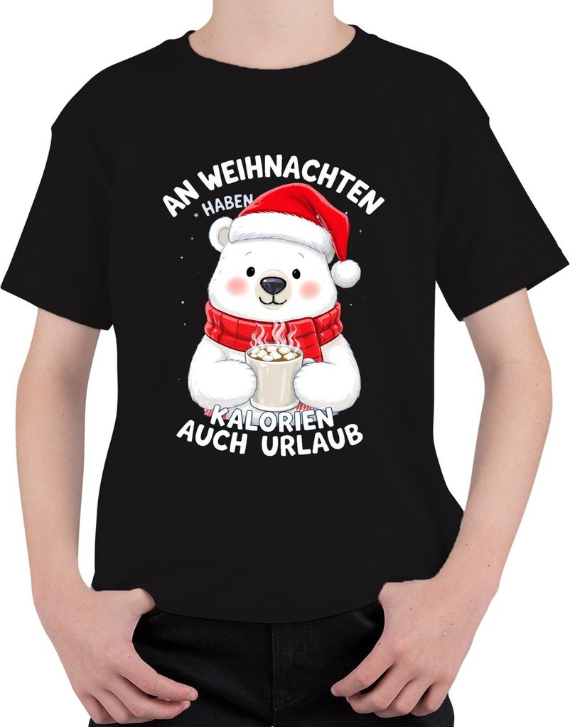 Weihnachten Eisbär Kalorien Urlaub Kakao lustig Geschenk Uni Kinder T-Shirt, Schwarz, 128