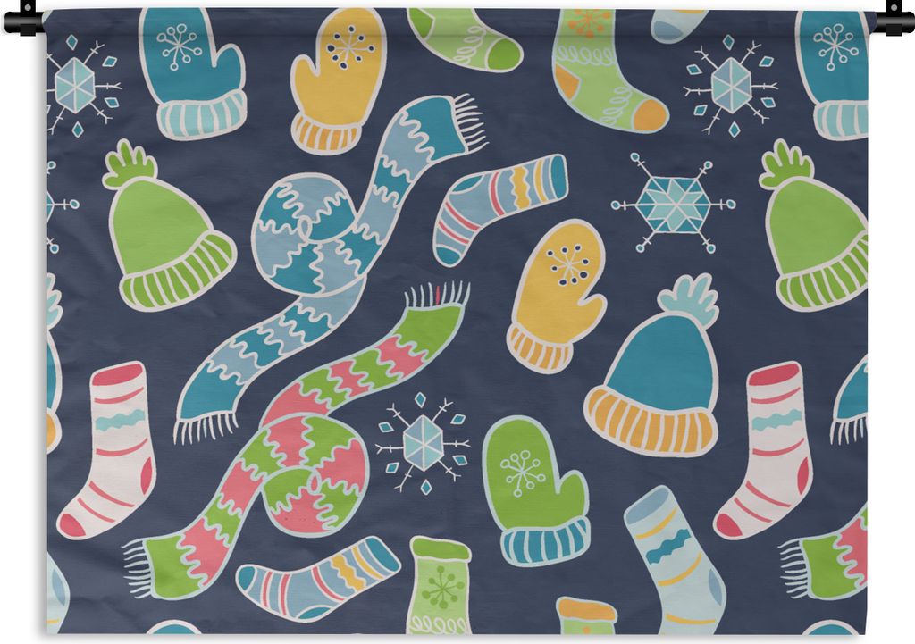 MuchoWow Wandteppich Wandbehang Schal - Handschuhe - Mütze - Regenbogen - Winter - Schnittmuster 90x67.5 cm Tapisserie Dekoration Wandtuch - Fot...