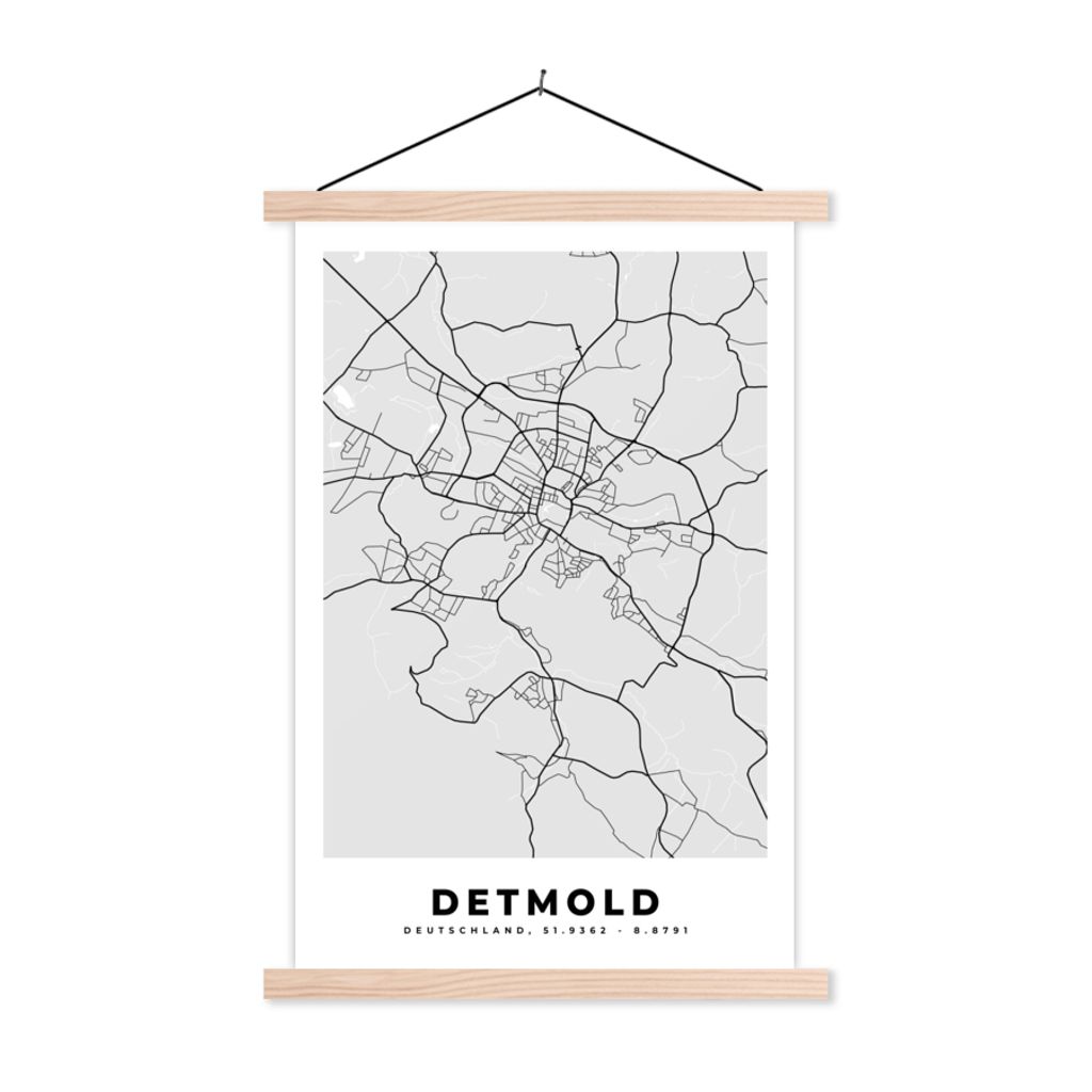 MuchoWow Textilposter Deutschland - Karte - Detmold - Karte - Stadtplan 120x180 cm mit holzfarbenen Rahmen - Textil-Plakat