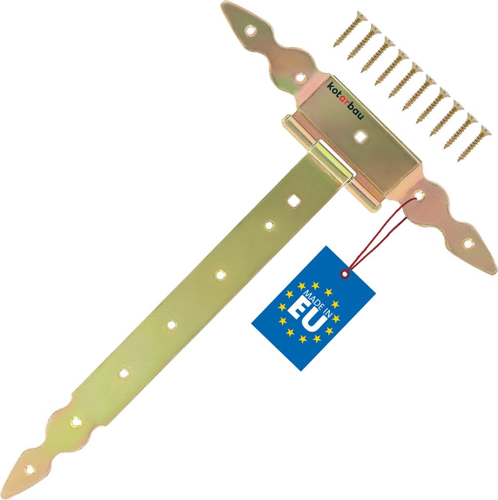 KOTARBAU T Scharniere gold L: 350 mm Kreuzgehänge verzinkt Stahl Gartentor Scharnier Türband Holztür Ladenband Torscharniere Schwerlast Türb...