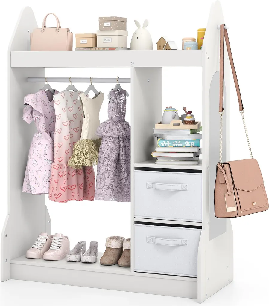 Penderie Enfant en Bois Blanc avec Miroir Latéral et Tiroirs Amovibles