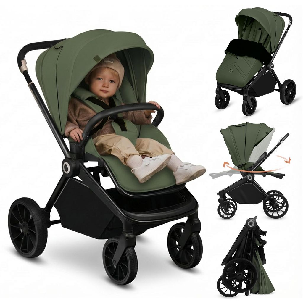 Lionelo Mika Plus Universal-Buggy bis zu 22kg Hohe Manövrierfähigkeit XXL-Verdeck mit UPF50+ Grüne Olive