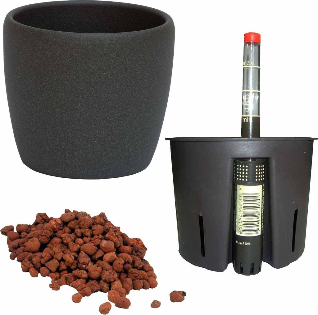 Set4 Keramik Blumentopf Venus 18/12 dunkel grau + Bewässerungs - Set für Hydropflanzen Ø 20.0 cm H 13.5 cm