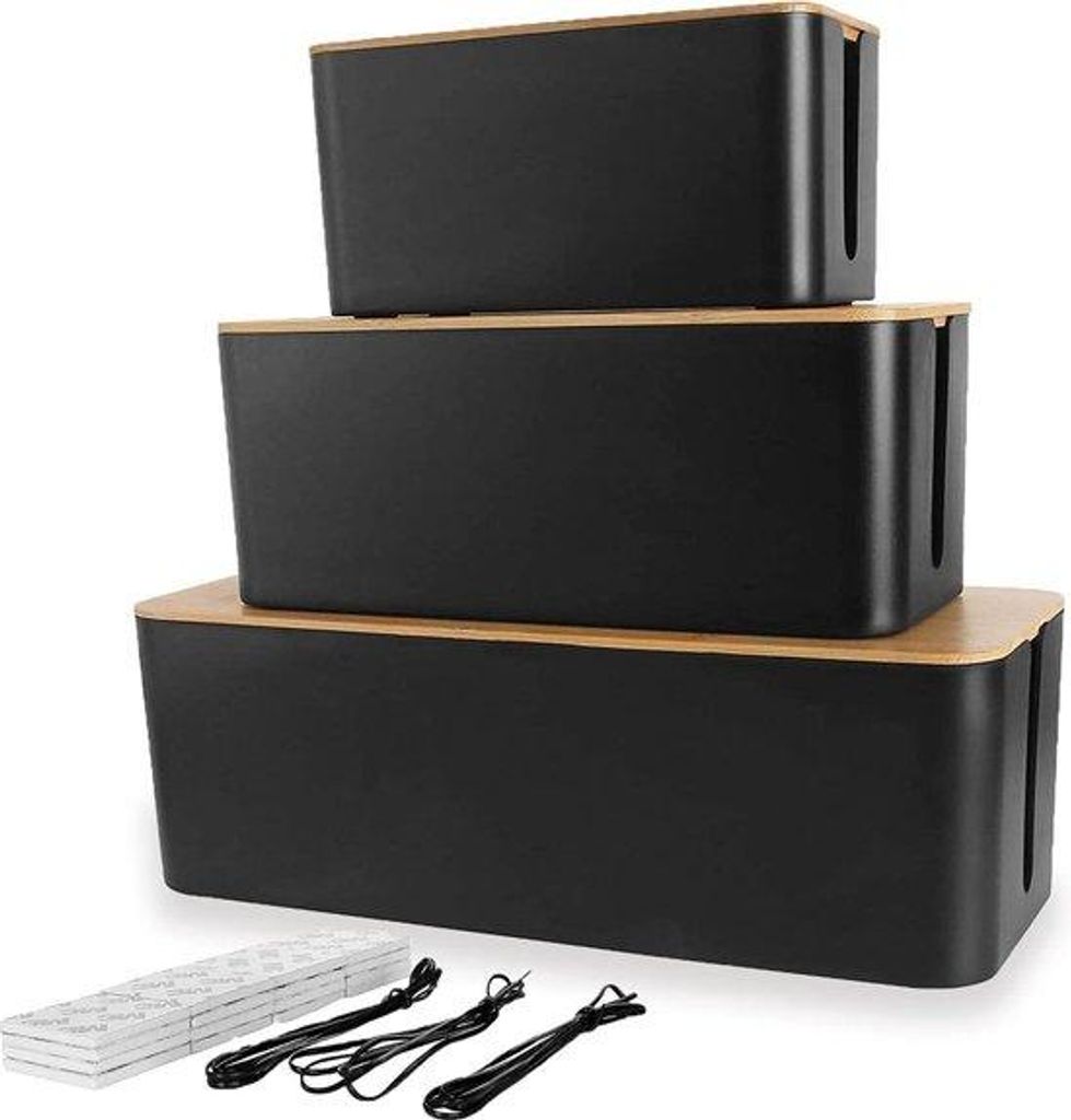 Kabelorganizer Box Set 3 groß schwarz Holzdeckel Kabelmanagement