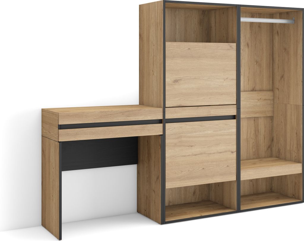 Konsolentisch, Flurtisch, 190x35x145 cm, mit Schublade, Schuhschrank, Offener Kleiderschrank, Eiche