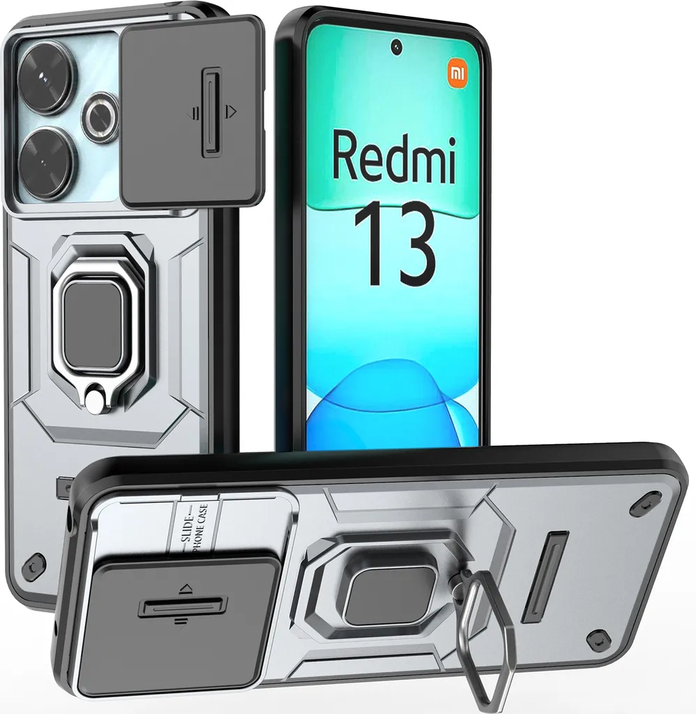 Custodia Protettiva Grigia Xiaomi Redmi 13 con Anello e Copri Camera
