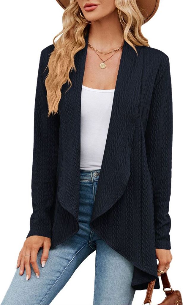 ASKSA Damen Strickjacke Langarm Einfarbige Cardigan Gestrickt Strickmantel High Low Saum Jacke Casual Top, Dunkelblau, S