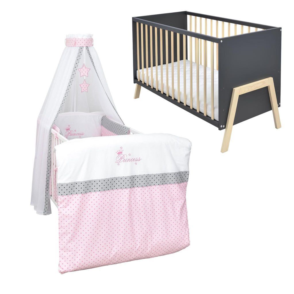 Babybett Kinderbett Gitterbett Juna 60x120 Anthrazit Schutzgitter Matratze Bettwäsche Set 10tlg Princess Stars