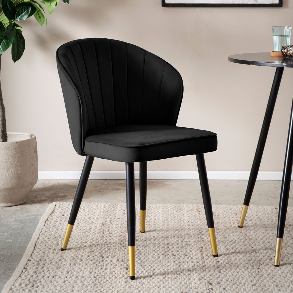 FineBuy Esszimmerstuhl 2er Set Samt Schwarz Küchenstuhl mit Metallbeinen Schalenstuhl Skandinavisches Design Polsterstuhl Stoffbezug Stuhl Gepolstert