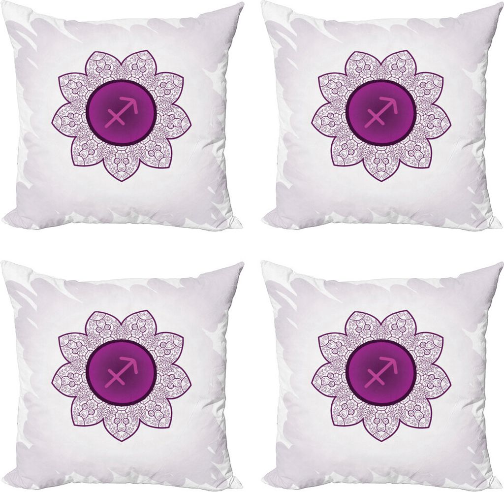 ABAKUHAUS Sternzeichen Schütze Kissenbezug Set (4 Stück), Horoskop Floral, Moderner Doppelseitiger Digitaldruck, 50 cm x 50 cm, Lila und Weiß