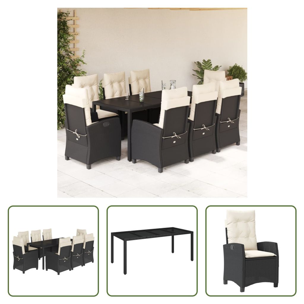 The Living Store 9-tlg. Garten-Essgruppe mit Kissen Schwarz Poly Rattan