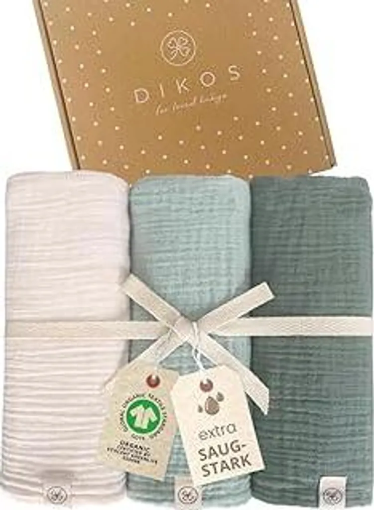 Set 3 Mussole DIKOS Cotone Bio 64x64cm - Teli Mussole Salvia e Menta