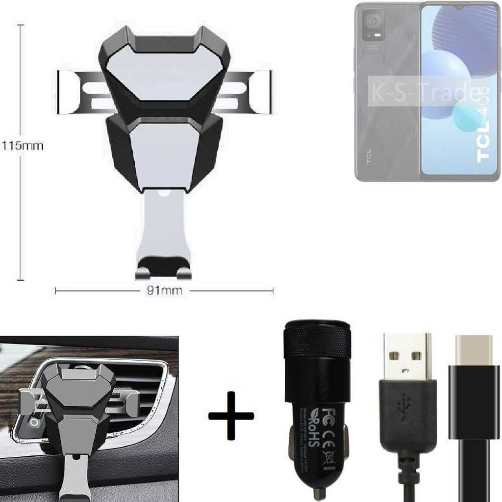 K-S-Trade Lüftungsschlitz Halterung kompatibel mit TCL 406 Lüftungshalterung Lüftungsgitter schwarz-silber Auto-Halterung Smartphone Halter