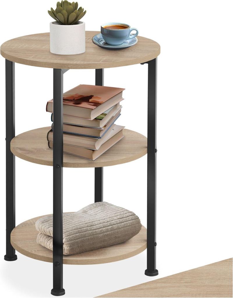 A three-tiered round side table with a wood-grain finish and black metal legs.