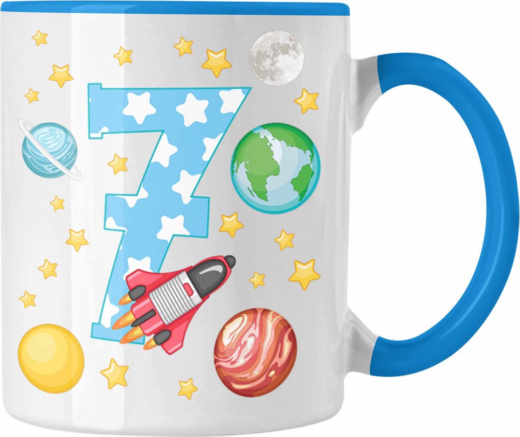 Trendation - 7. Geburtstag Tasse Geschenk Becher Siebter Bday Geschenkidee 7 Jahre Alt Junge Mädchen Kakaotasse (Blau)