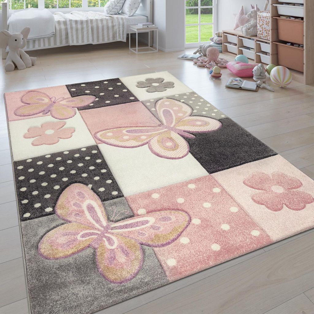Kinder Teppich Kinderzimmer Bunt Rosa Schmetterlinge Karo Produktbild 