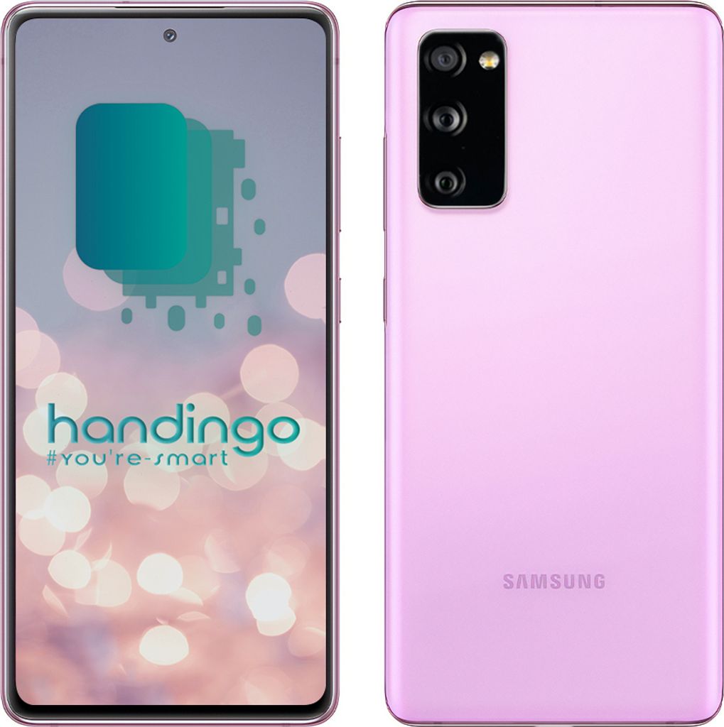Front and back view of a pink Samsung Galaxy S20 FE 5G smartphone.