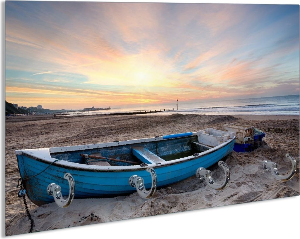Wallario Handtuchhalter aus Glas, Motiv: Fischerboot am Strand bei Sonnenuntergang, 30 x 20 cm mit 4 Haken