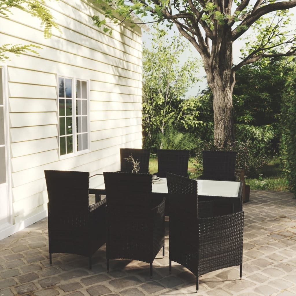 "Rabatt" 7-tlg. Garten-Essgruppe - mit tishe & Stuhl - mit Auflagen Poly Rattan Schwarz - Lounge-Dining set CC3373