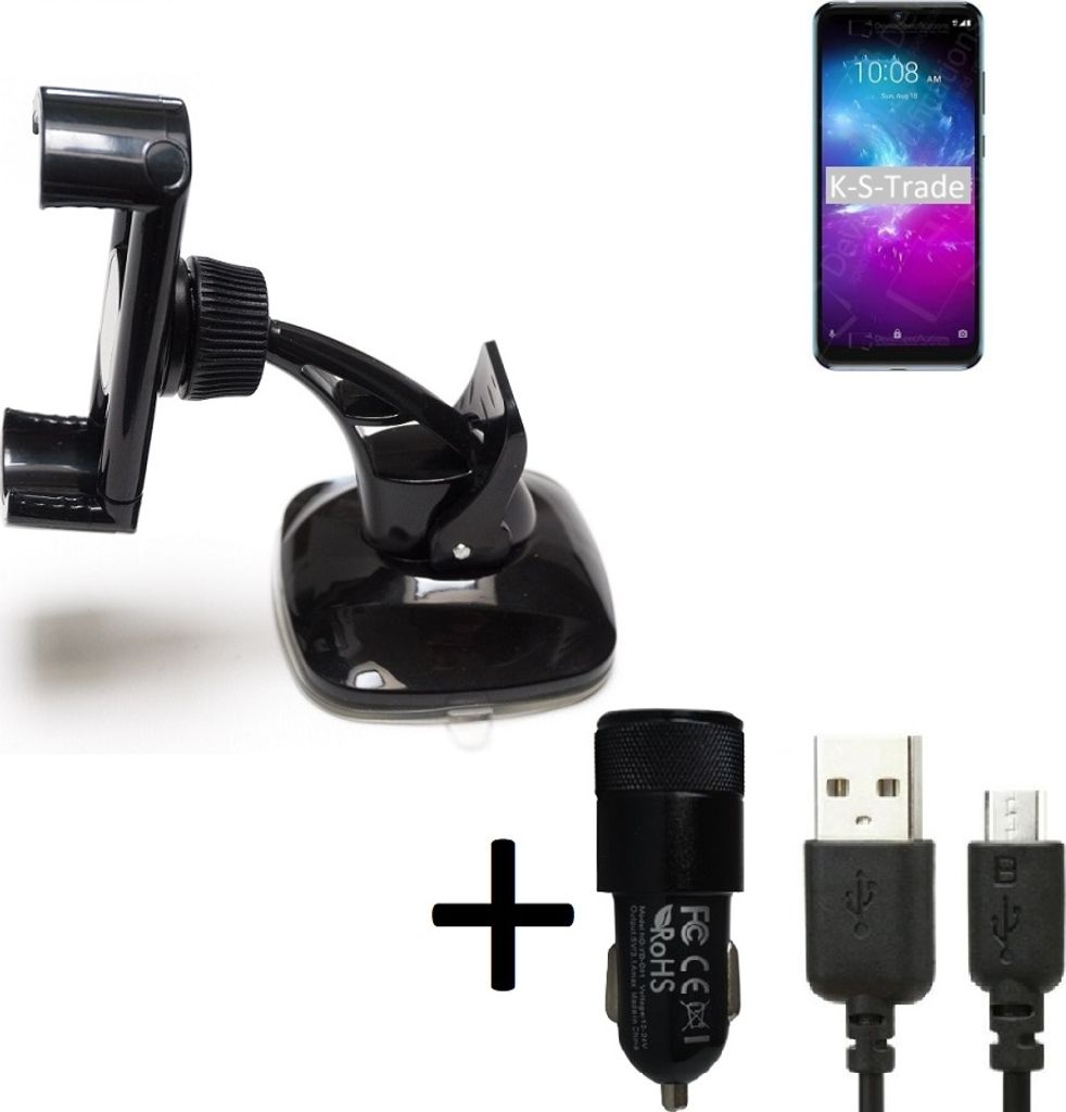 K-S-Trade Halterung kompatibel mit ZTE Blade A5 2020 Windschutzscheibe / Armaturenbrett + LADEGERÄT mit Mico USB Kabel Autohalterung KFZ Halter