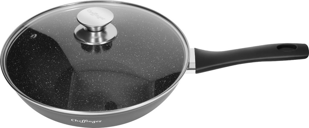Cheffinger, Wok 28 cm mit Marmorbeschichtung, Glasdeckel und Softgrip-Griff, Schwarz