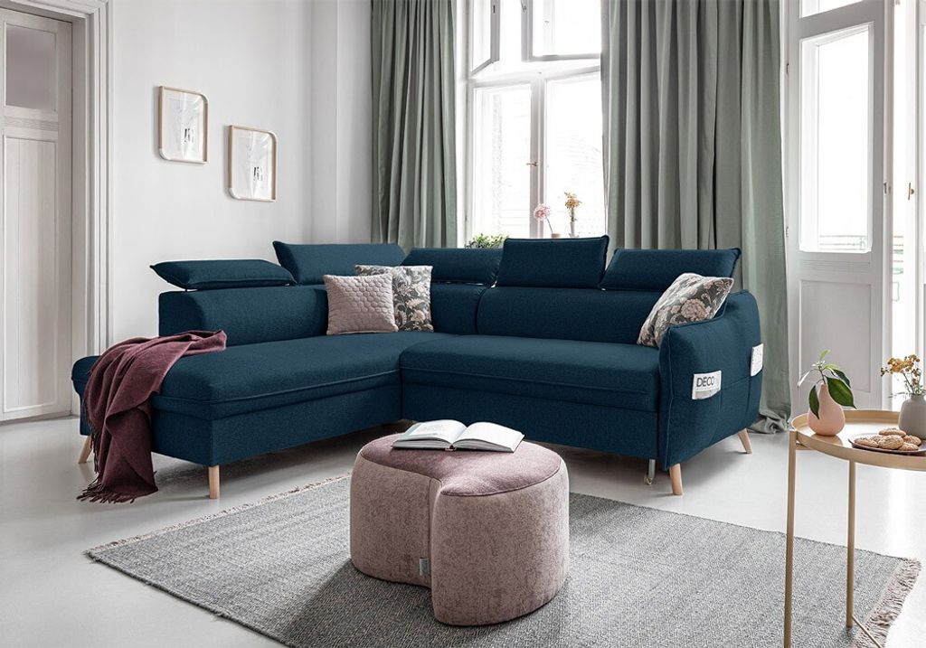 MIUFORM Sweet Harmony - Ecksofa mit Bettfunktion und Bettkasten L-FORM LINKS - 253x208cm - Dunkelblau - Sofa Schlafsofa Couch