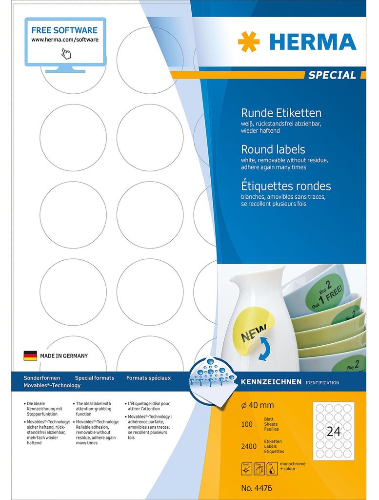 Herma Movables Etiketten rund 40 100 Blatt DIN A4 2400 Obrázok produktu 