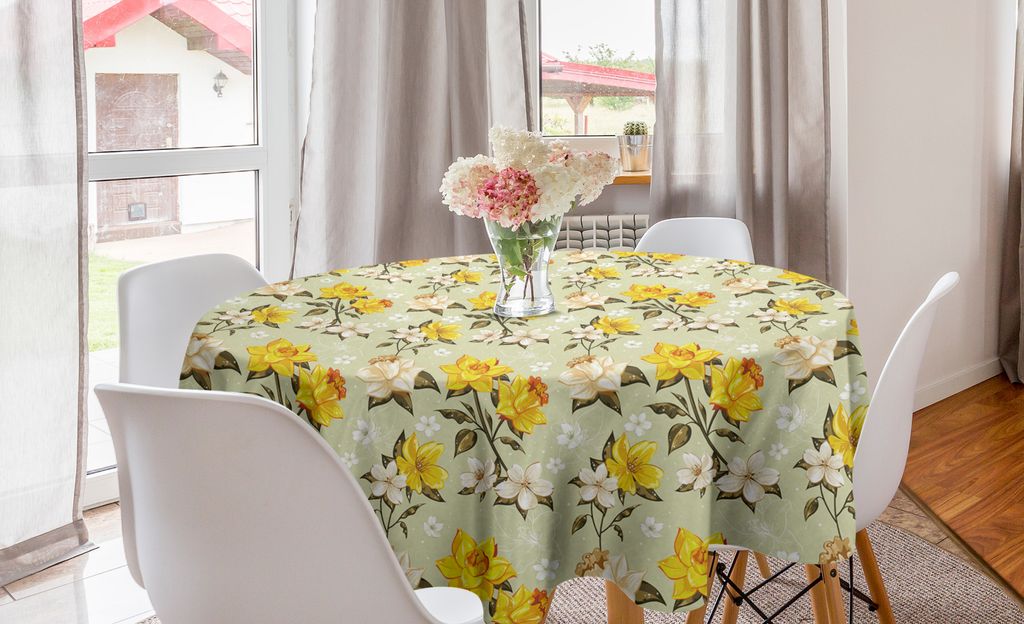 ABAKUHAUS Frühling Runde Tischdecke, Floral Narcissus AST, Kreis Tischdecke Abdeckung für Esszimmer Küche Dekoration, 150 cm, Yellow Khaki Creme