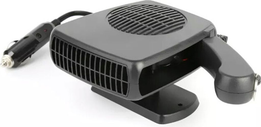 A black car heater with a cigarette lighter plug is shown on a white background.