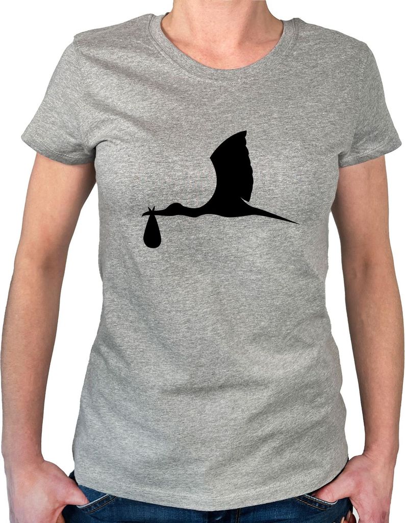 Huuraa Womans T-Shirt Klapperstorch mit Baby Silhouette Geschenk Größe L Sport Grey Bio Baumwolle Fairtrade Klapperstorch mit Baby Präsent