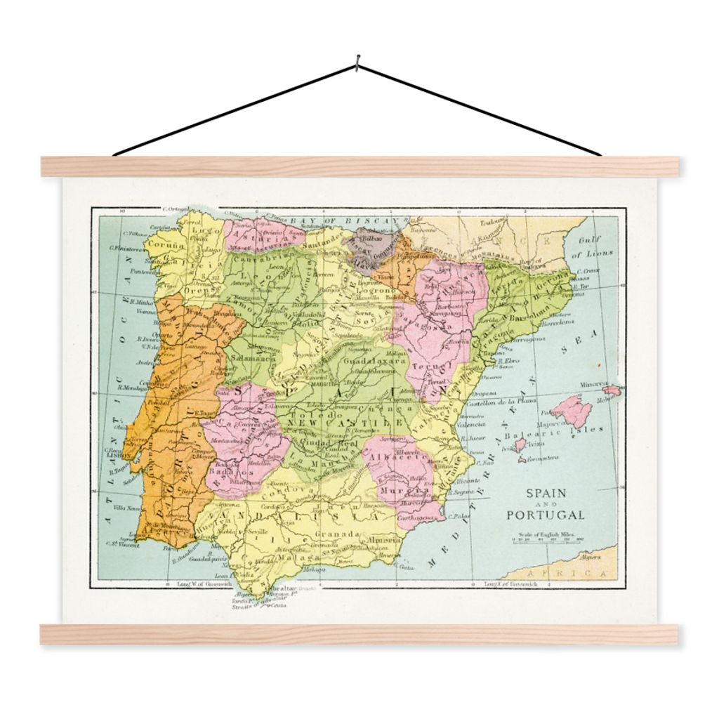MuchoWow Textilposter Alte Karte von Spanien und Portugal 150x113 cm mit holzfarbenen Rahmen - Poster