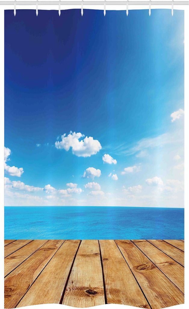 ABAKUHAUS Nautisch Schmaler Duschvorhang, Seascape bewölkt Strand, Badezimmer Deko Set aus Stoff mit Haken, 120 x 180 cm, Braun Weiß Blau